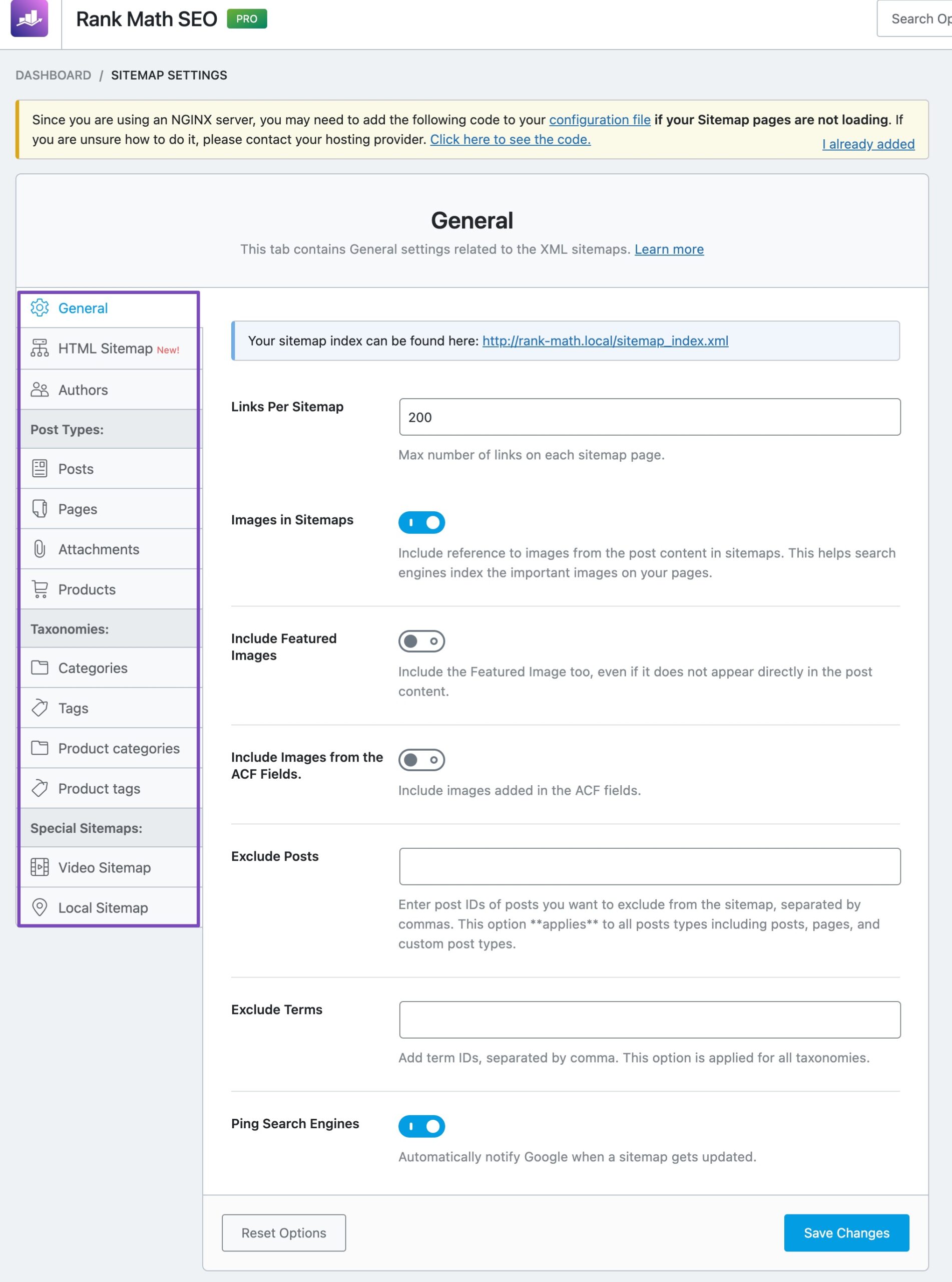 Rank Math Sitemap settings