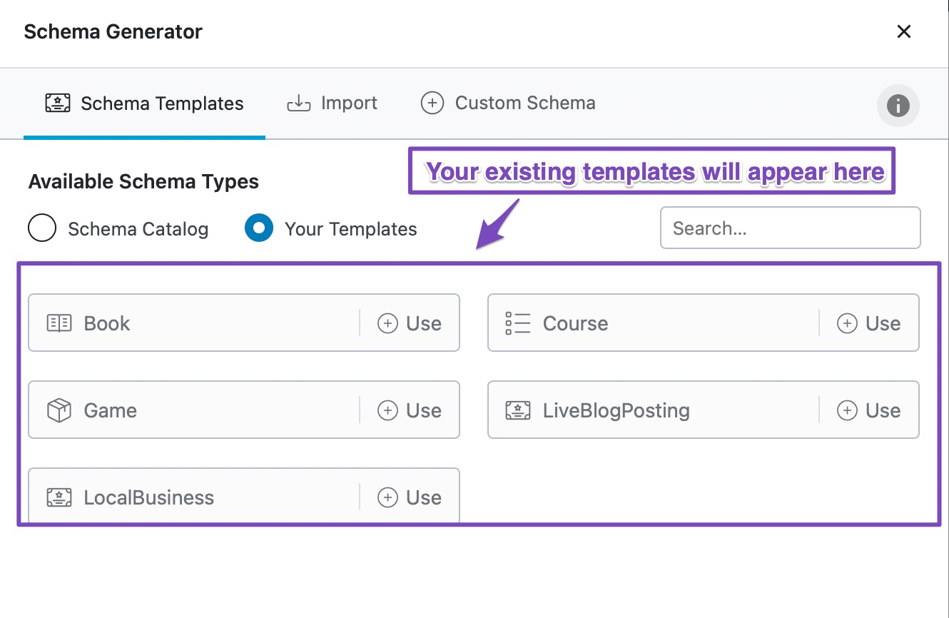 Your Templates available in Rank Math Schema Generator