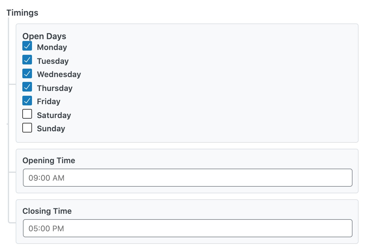 Timings - Restaurant Schema