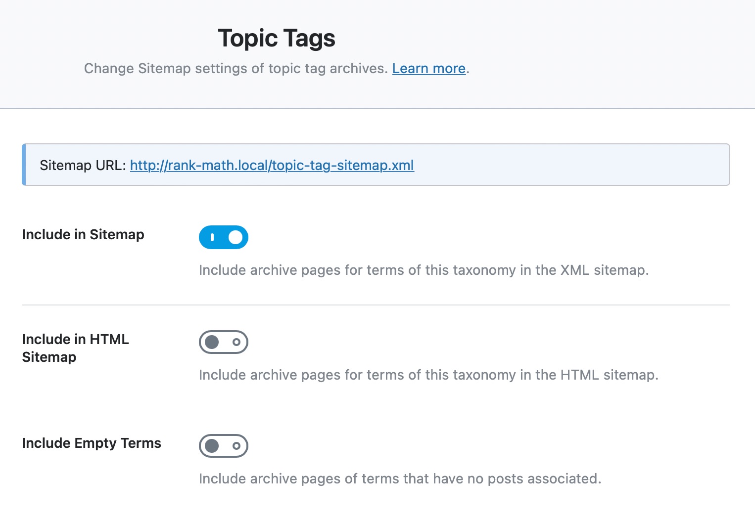 all options in topic tags sitemaps