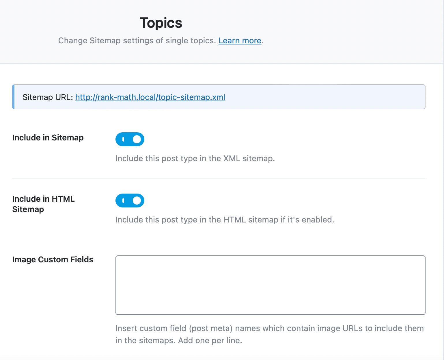 all options in the topics sitemap