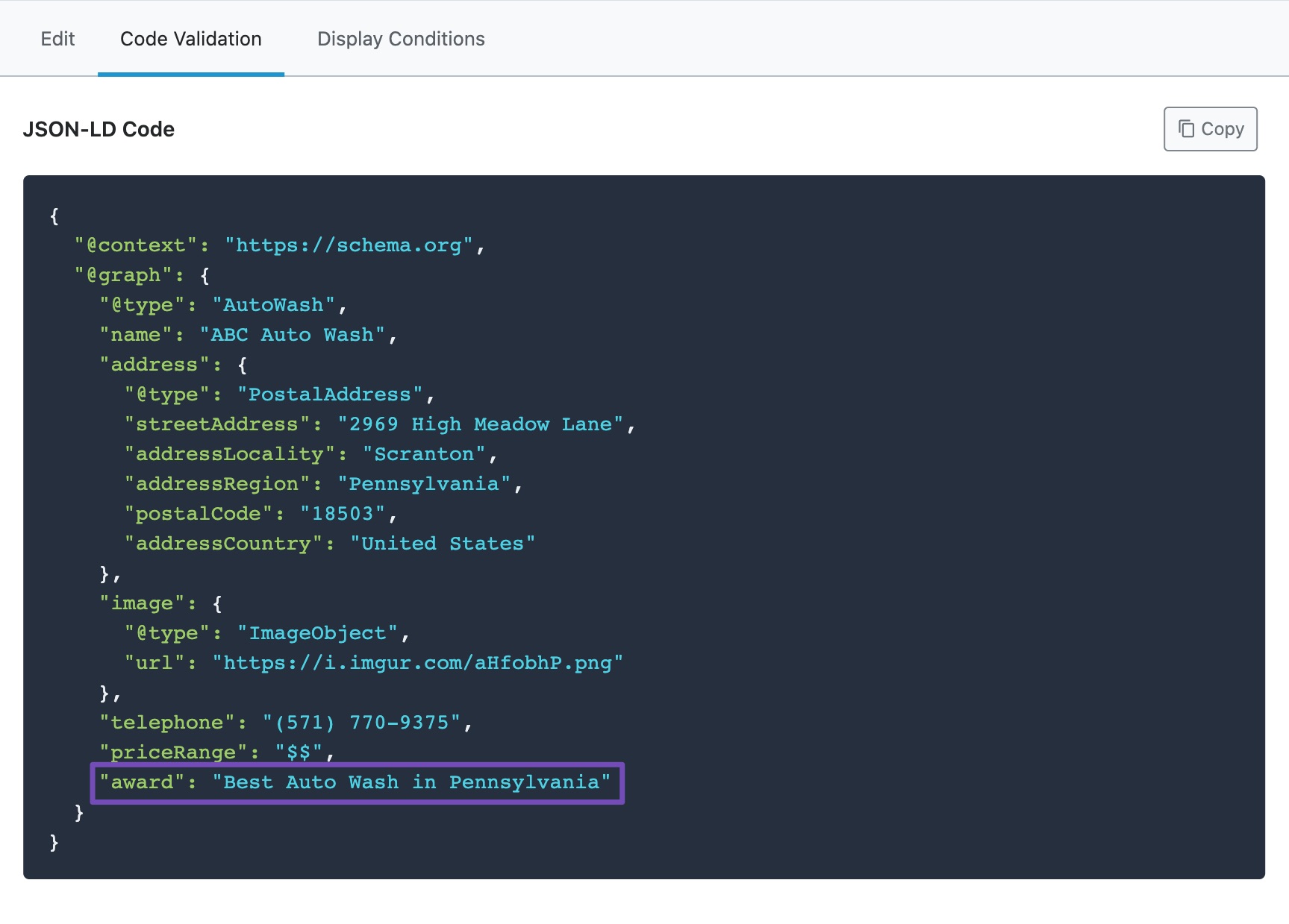 Validation of JSON-LD code of custom Local SEO Schema Markup with example