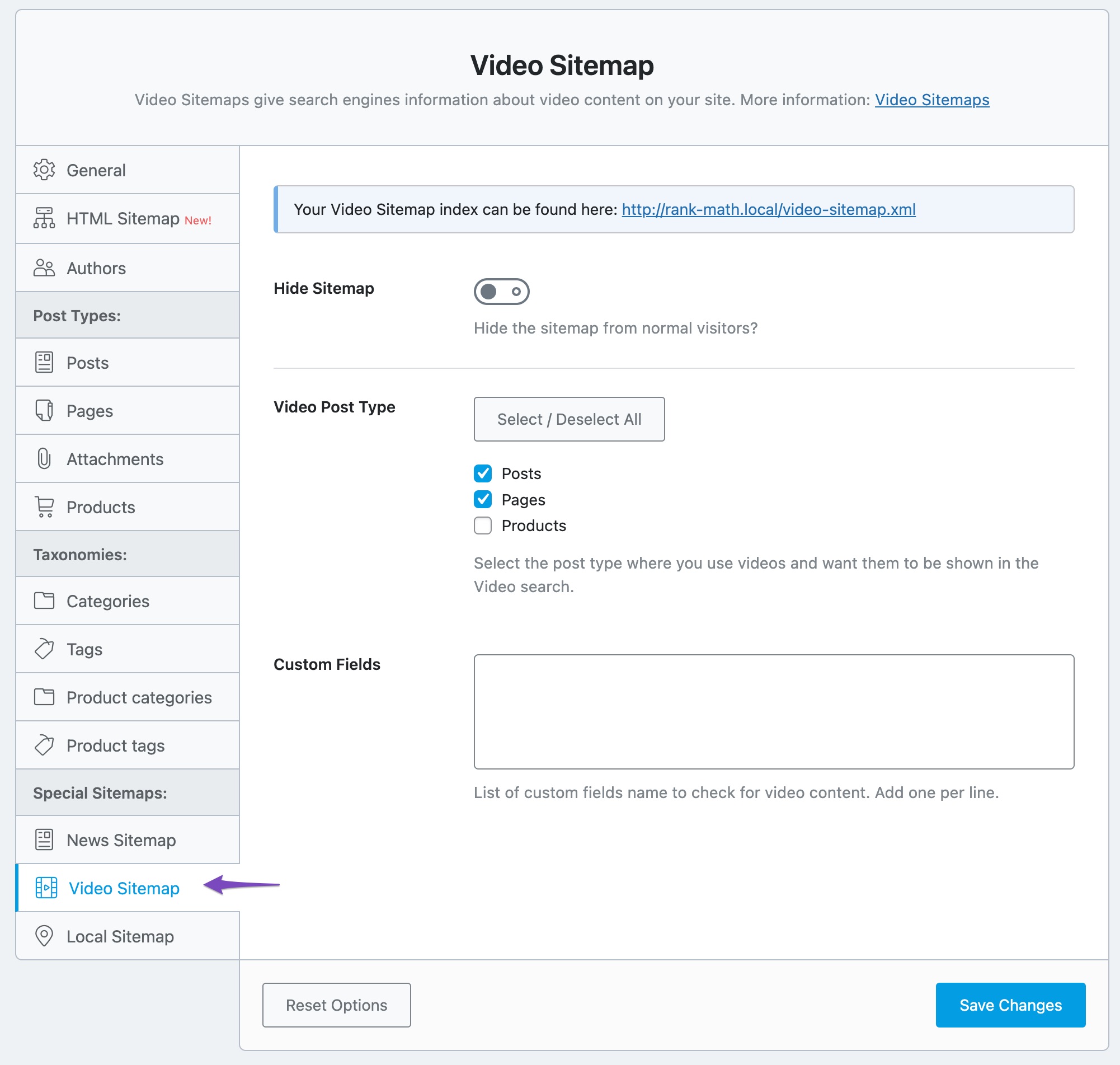 Video sitemap settings