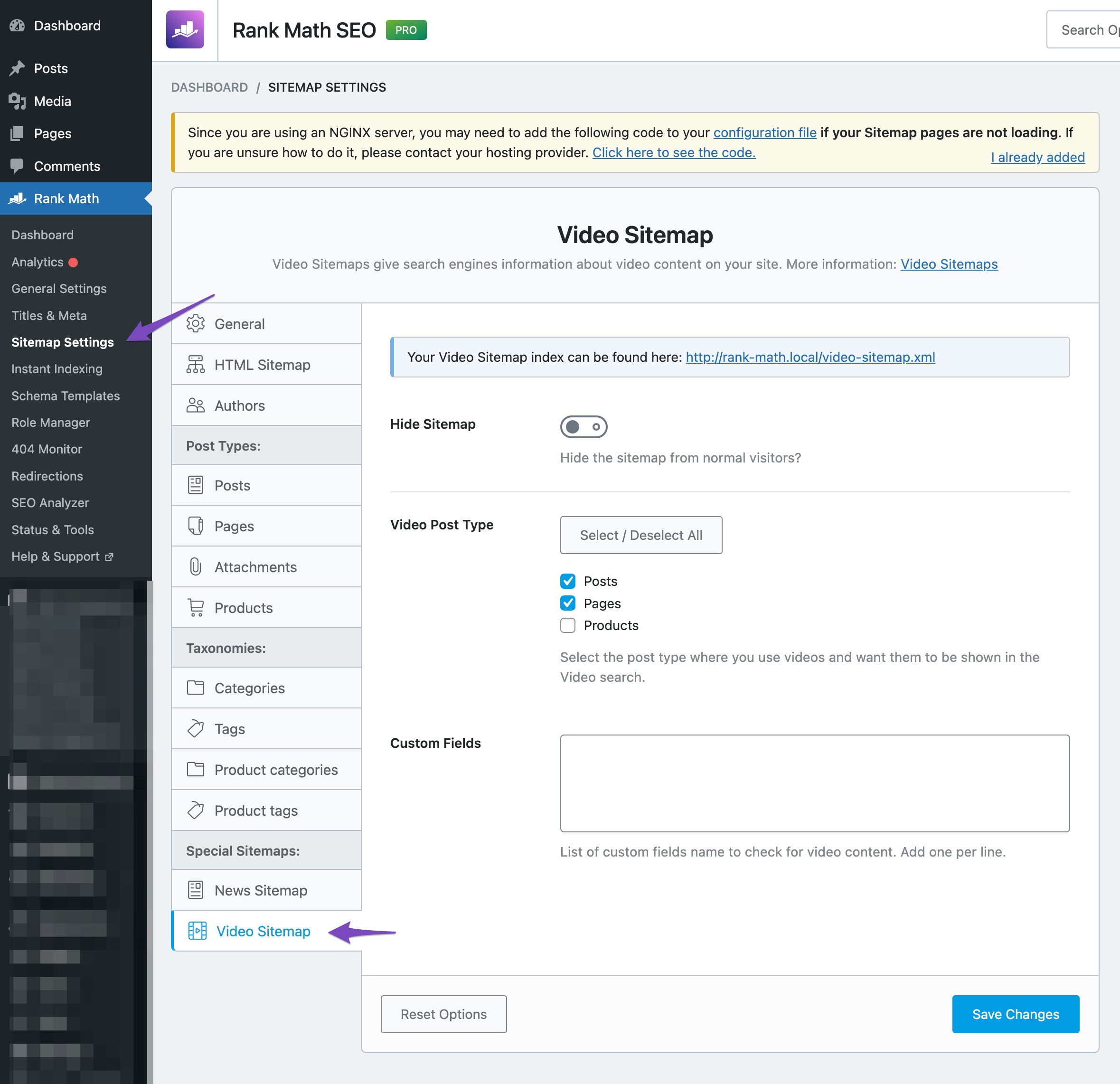 Video Sitemap settings in Rank Math