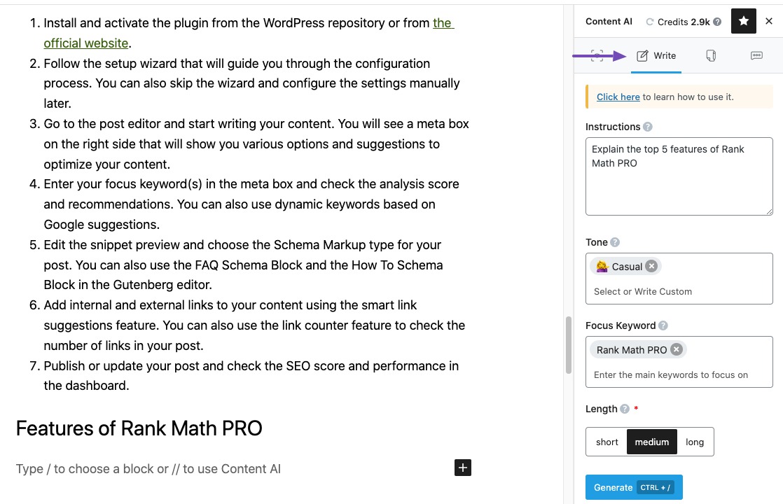 Write mode in Content AI