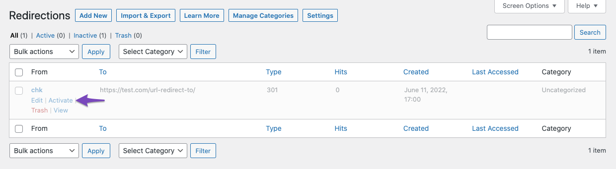 Activation link for enabling redirect