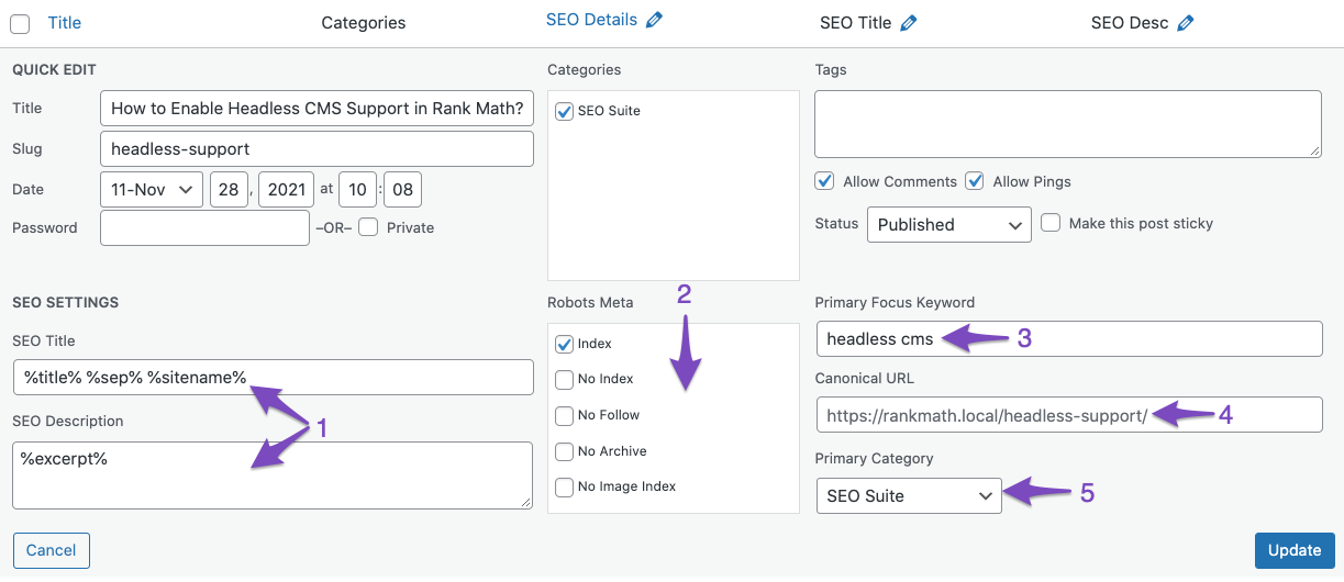 Advanced quick edit options in Rank Math