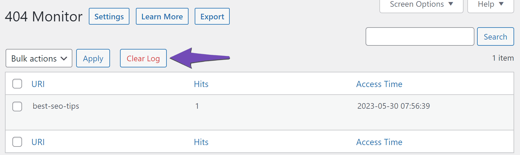 Click Clear Log to clear 404 Monitor log