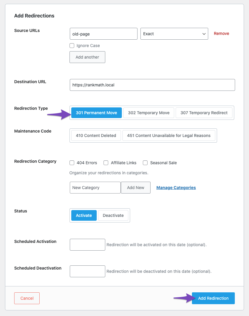 Create 301 redirect in Rank Math