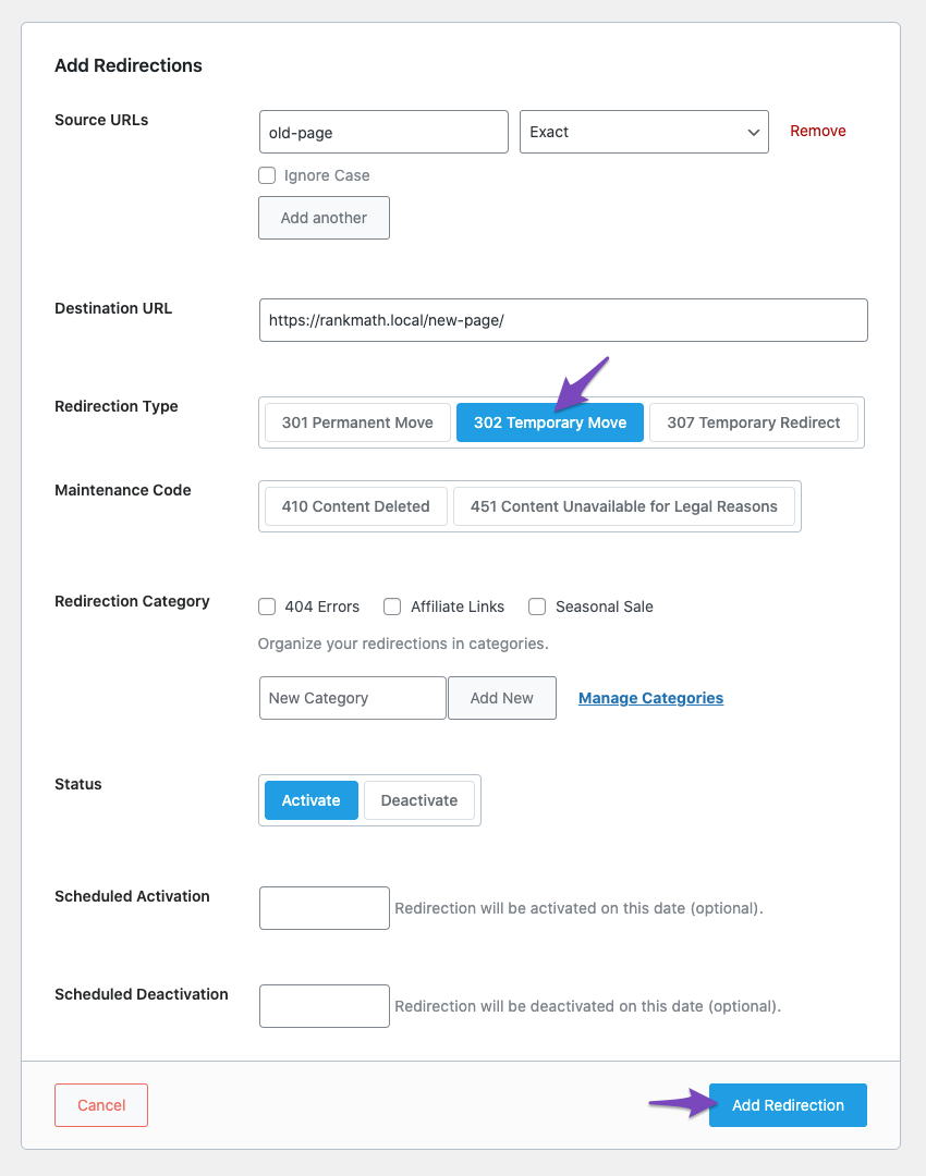 Create 302 redirect in Rank Math