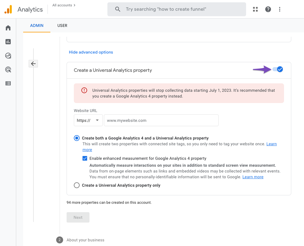 Create a Universal Analytics property