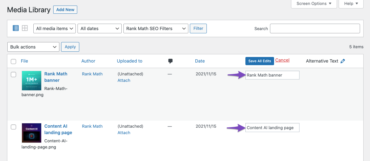 Bulk Edit Image Titles with Rank Math