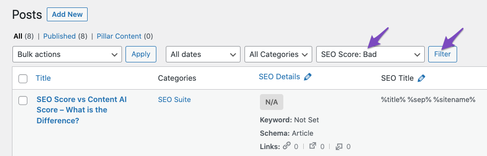 Filter posts with bad SEO score