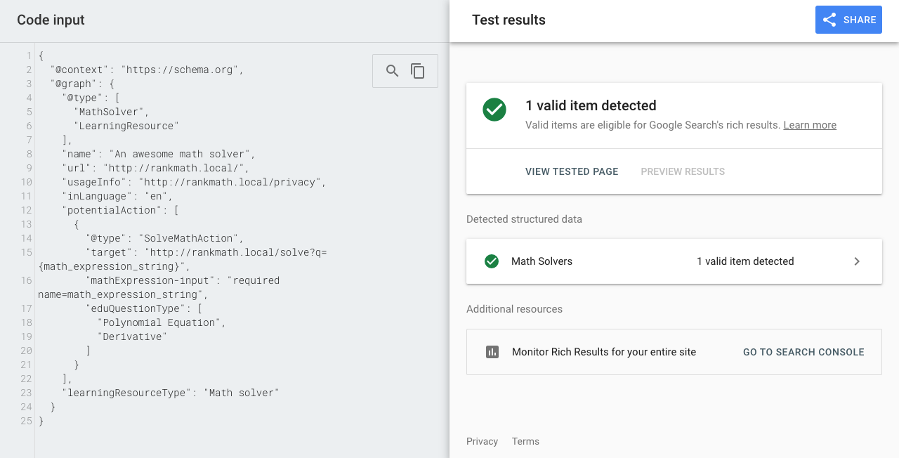 Google's rich results code validation result