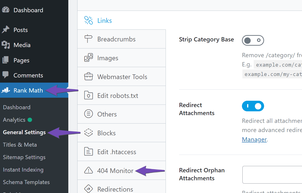 How to open the 404 Monitor settings