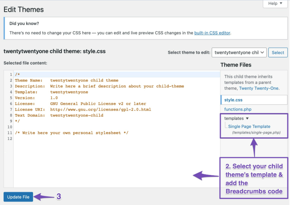 Add Breadcrumbs code to your theme's template file