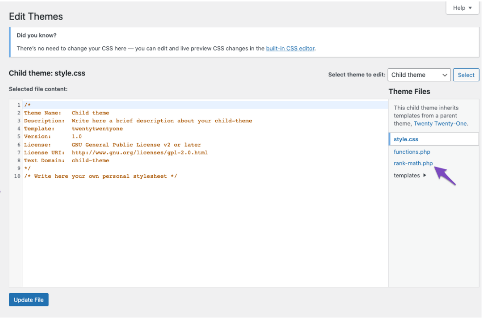 Open rank-math.php in from Theme file Editor