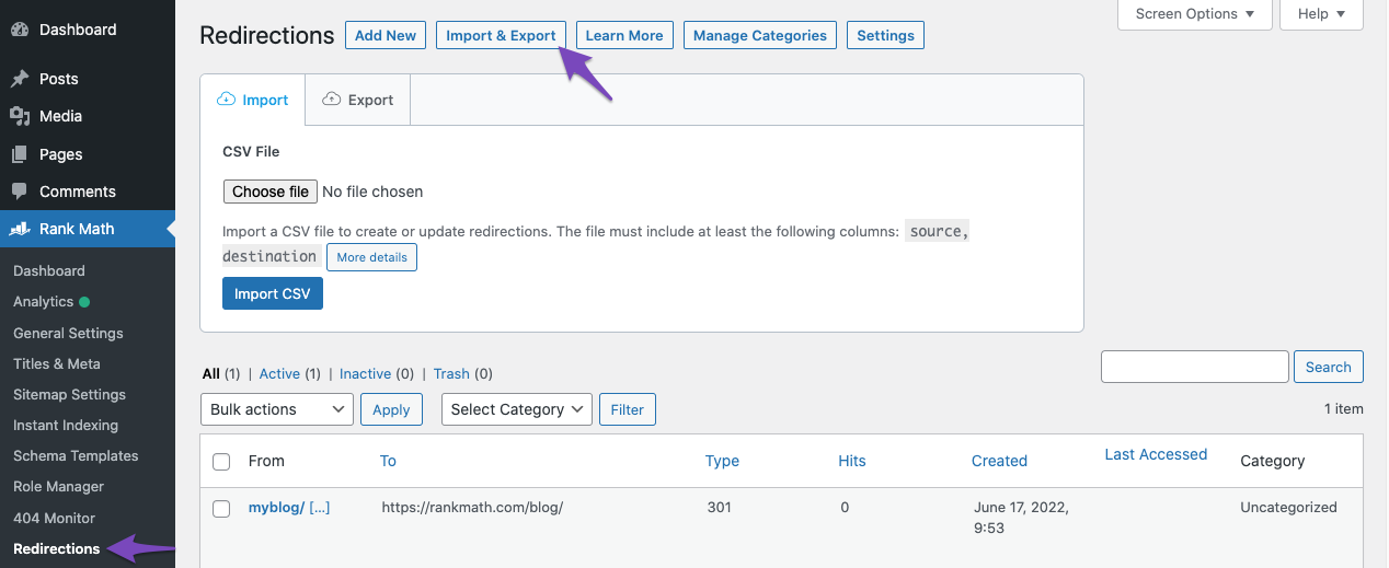 Import and Export Redirections