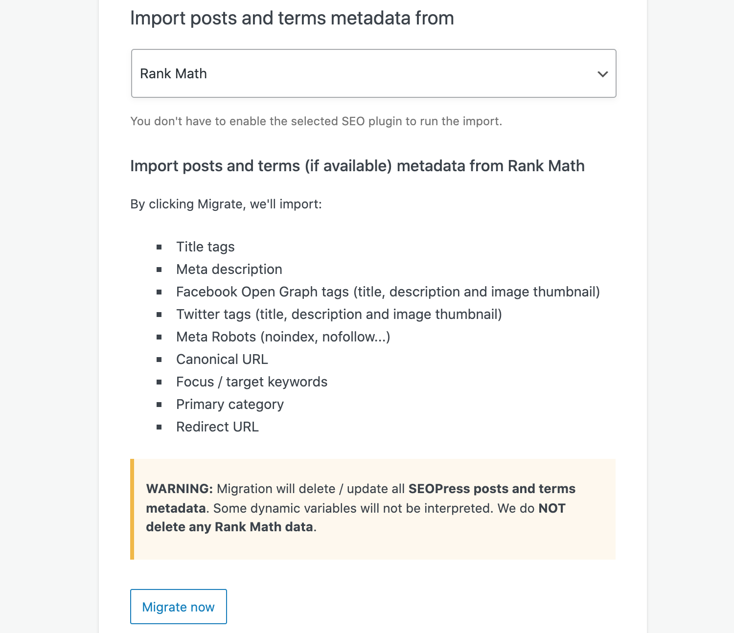 Import posts and term metadata from Rank Math