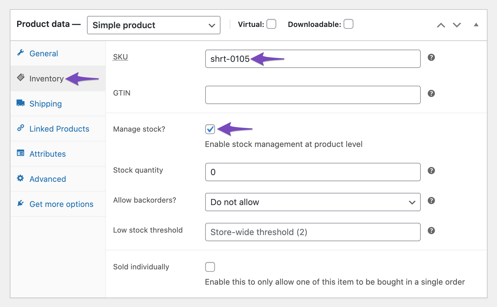 Manage stock and SKU in WooCommerce