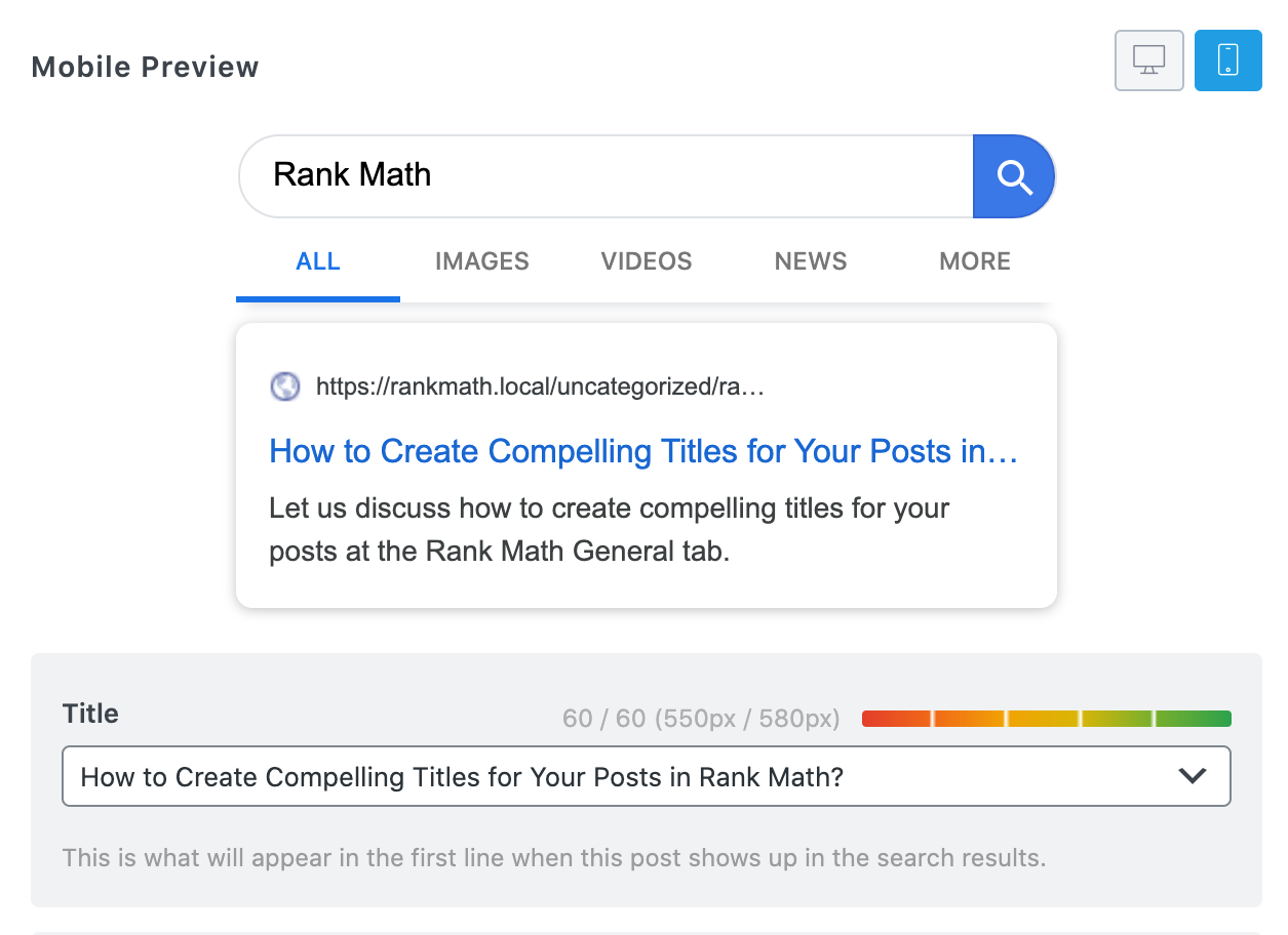 Mobile preview of post title in Rank Math