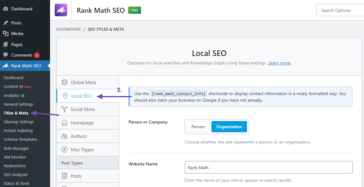 Navigate to Local SEO settings