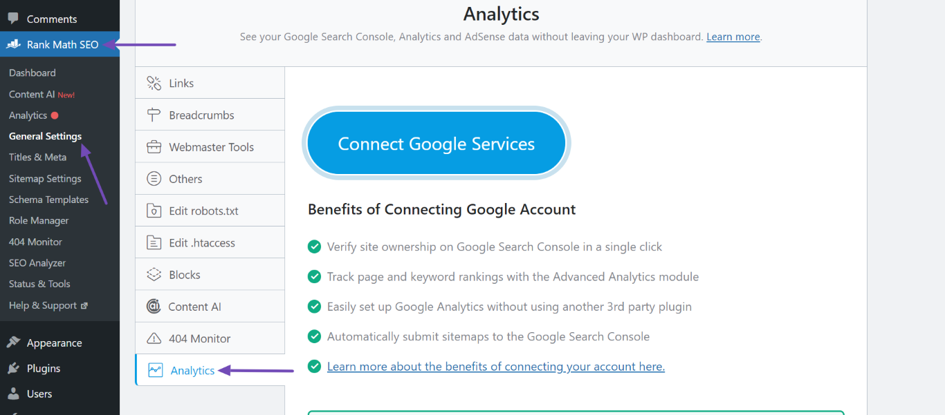 Open Rank Math Analytics settings