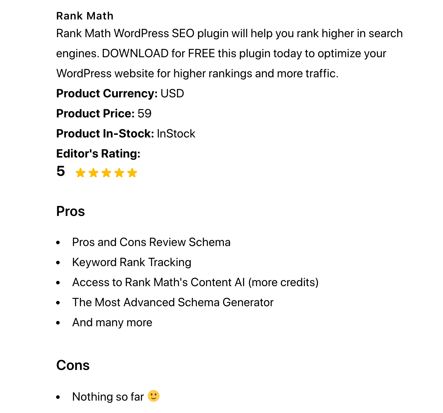 Product Schema shortcode output