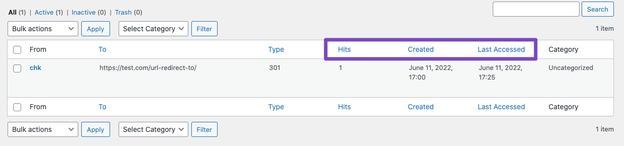 Redirection statistics in Rank Math