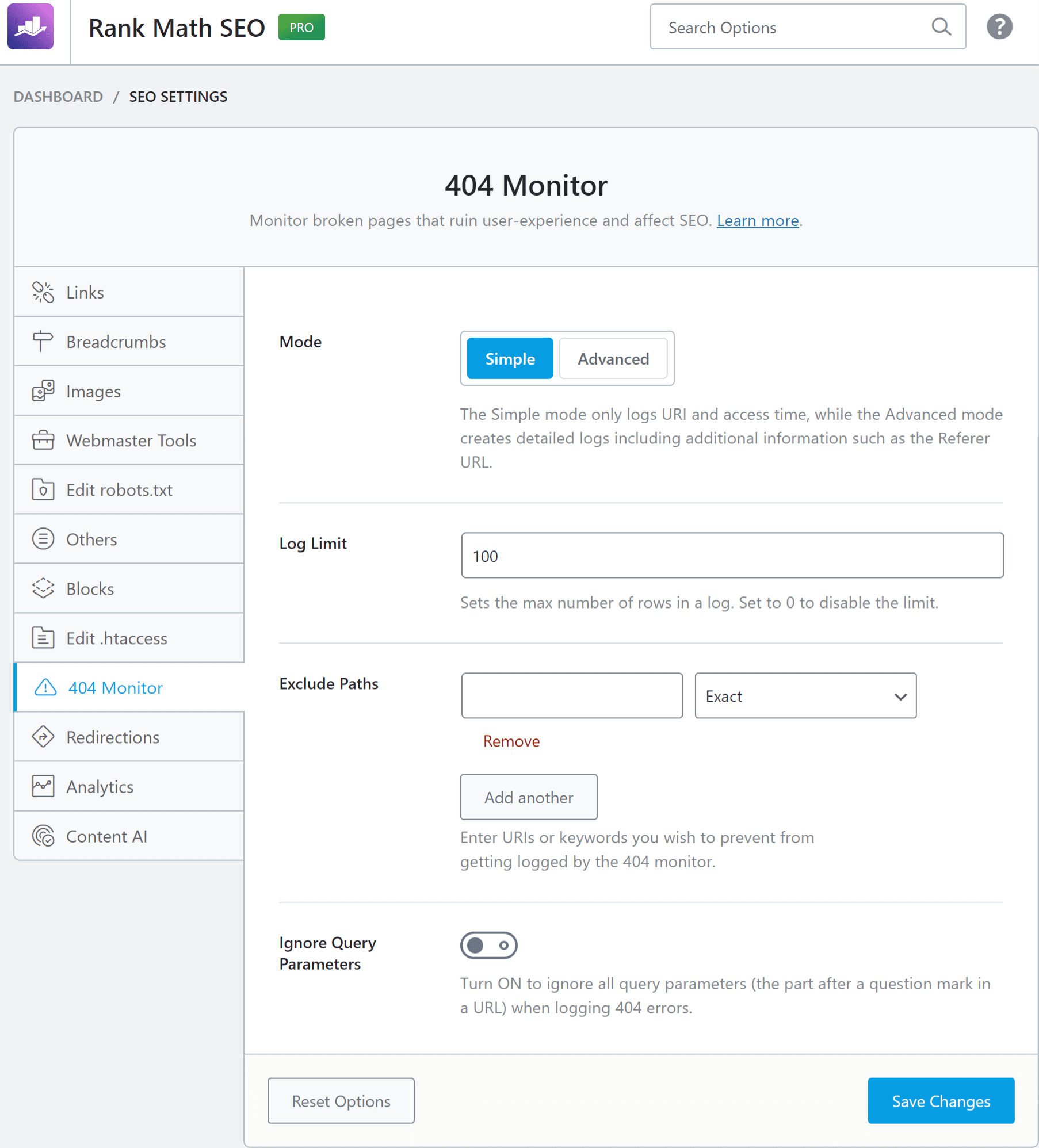 Sample of the Rank Math 404 Monitor settings