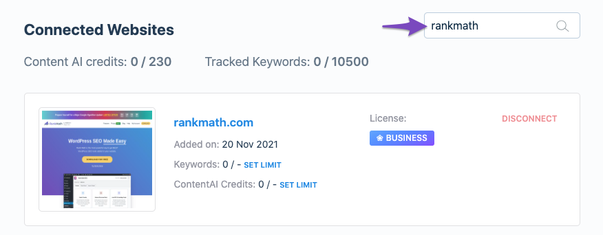 Search website name in Rank Math Client Management dashboard