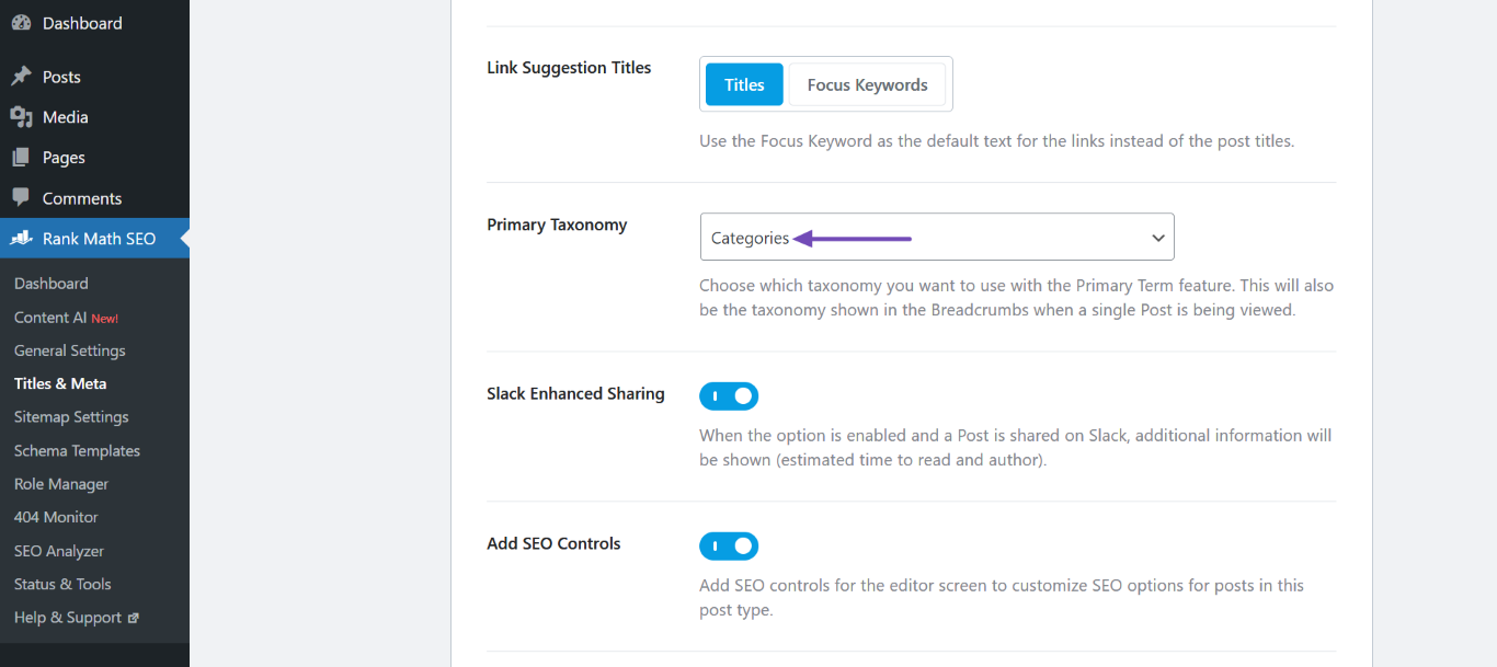 Set the Primary Taxonomy to Categories